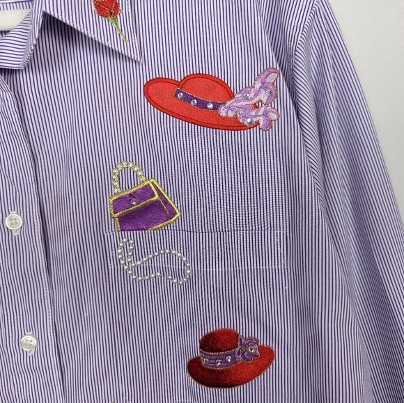 Vintage 90s Tia Design L Button Up Shirt Top Blouse Heels Hats Shopping Novelty - Picture 6 of 10